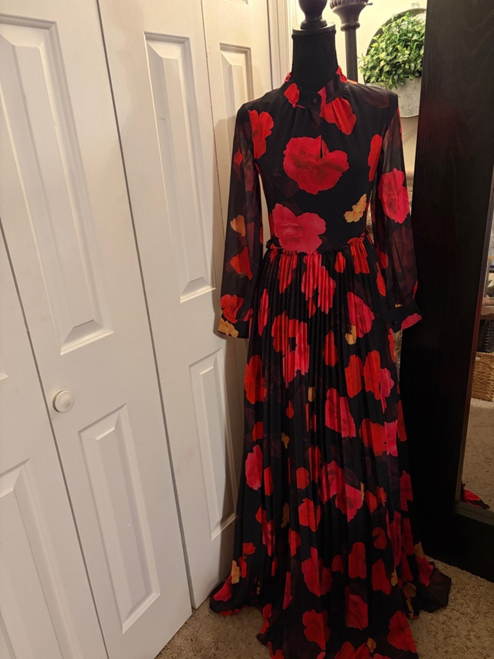 Floral Pleated Maxi Dress in Black with Red & Pink Bloom